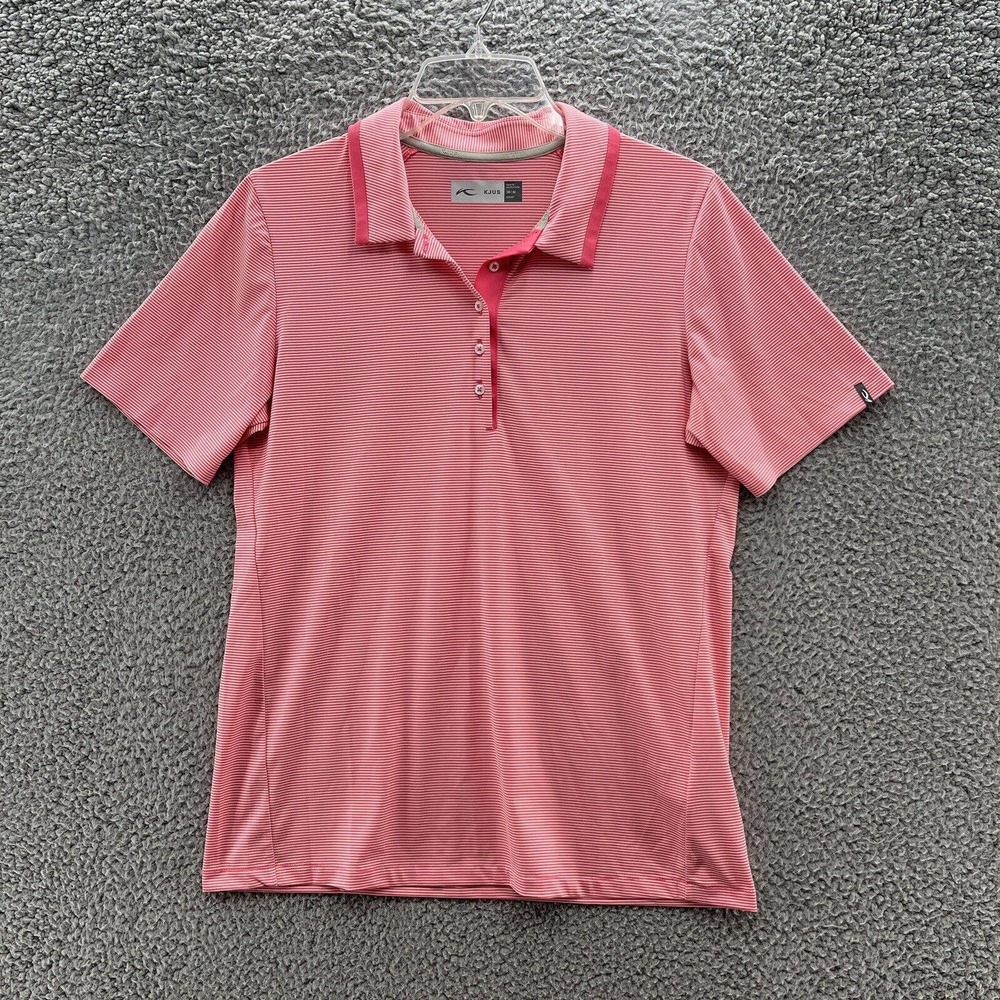 KJUS Polo Shirt Womens Medium Pink White Stripe Knit Athletic Fit Golf Top